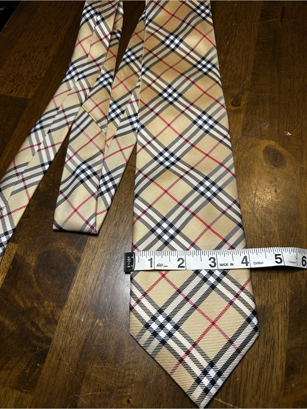Burberry Beige Plaid Silk Tie with Black, White & Red Accents - Picture 5 of 7